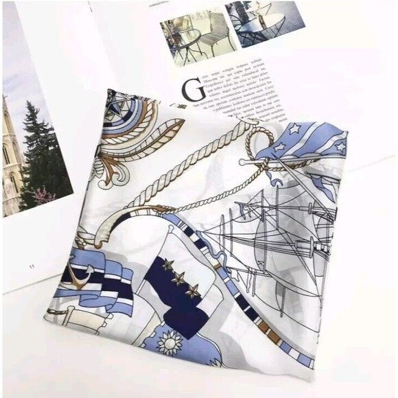 Roizsx Fashion Head Scarf Square Satin for Hair Beach Print Old Ship Navy/White - Picture 5 of 12